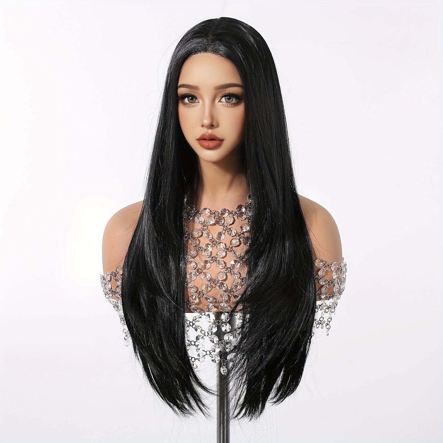 Women's Basic Style 26-Inch Black Lace Front Wig, Straight Layered Heat-Resistant Fiber, 150% Density, 13*5*1 Inch Lace, Versatile Synthetic Wig for Daily Wear, Parties, Cosplay Events