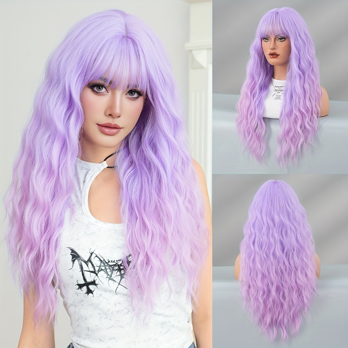 Anime Cosplay Wig for Women - 28.74inch Long Wavy Light Purple Wig, Synthetic Viscose Hair with Bangs, High-Density Party Costume, Heat Resistant, Rose Net Cap