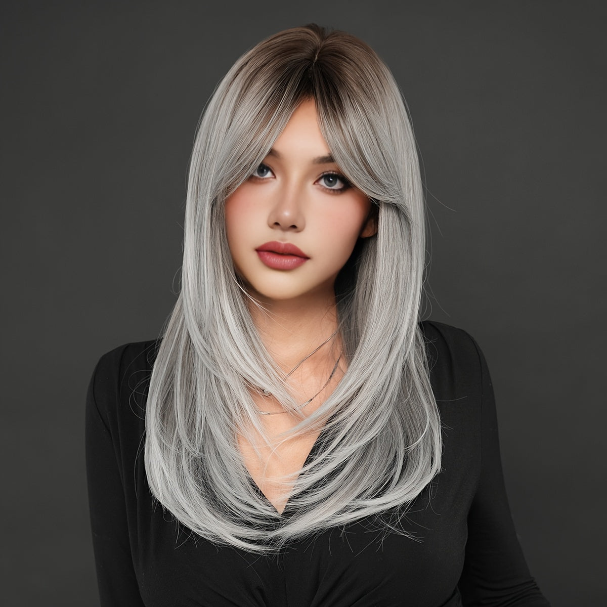 Chic Ombre Gray to White Long Straight Wig with Bangs for Women - High Density Synthetic Hair, Heat Resistant, Perfect for Daily Wear & Parties