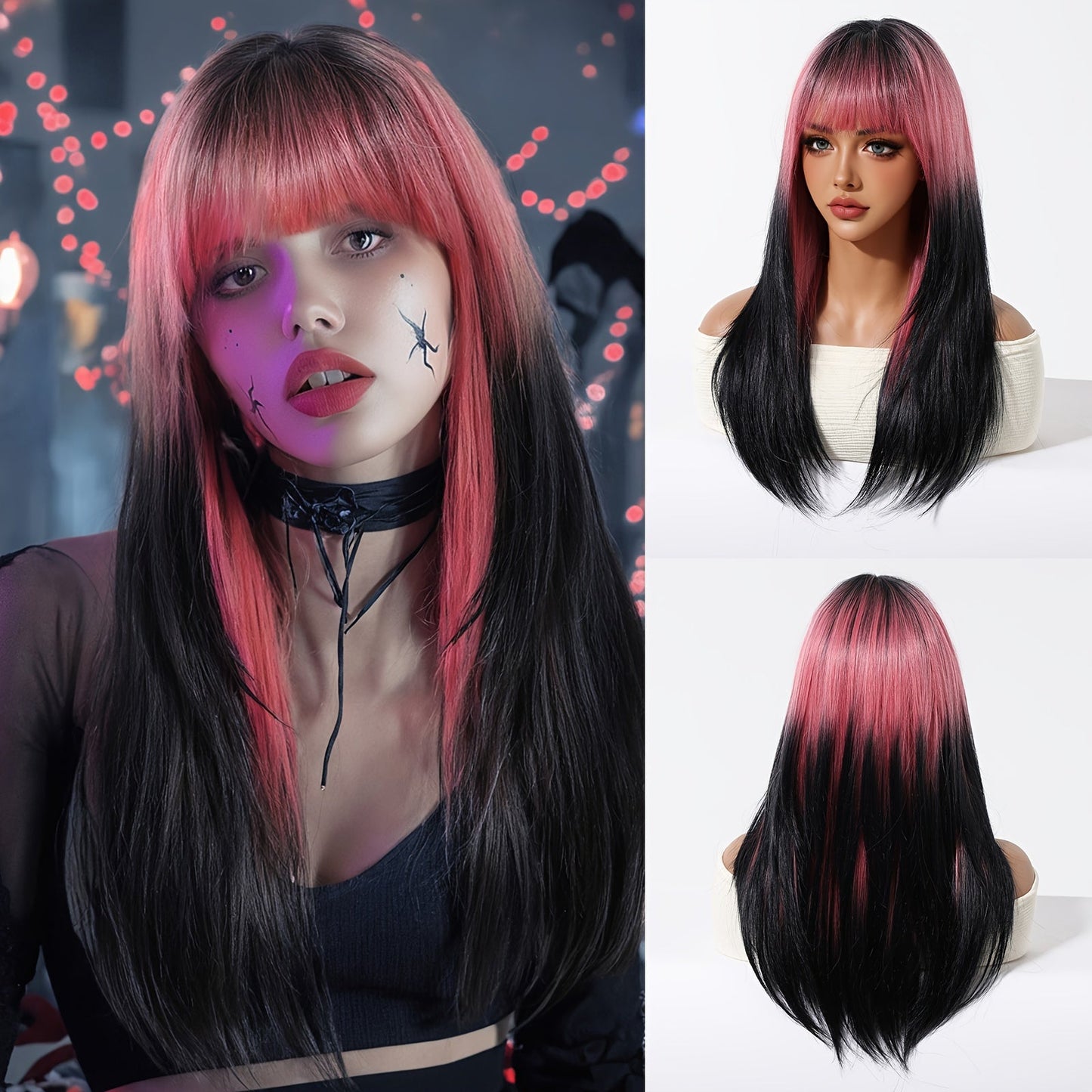 Women's Basic Long Straight Layered Wig with Bangs, High Temperature Fiber, 150% Density Rose Net Cap, Heat Resistant Synthetic Hair, Fashionable for Daily Use, Work, Parties, Halloween, Cosplay - 22 Inch Black to Purple Gradient