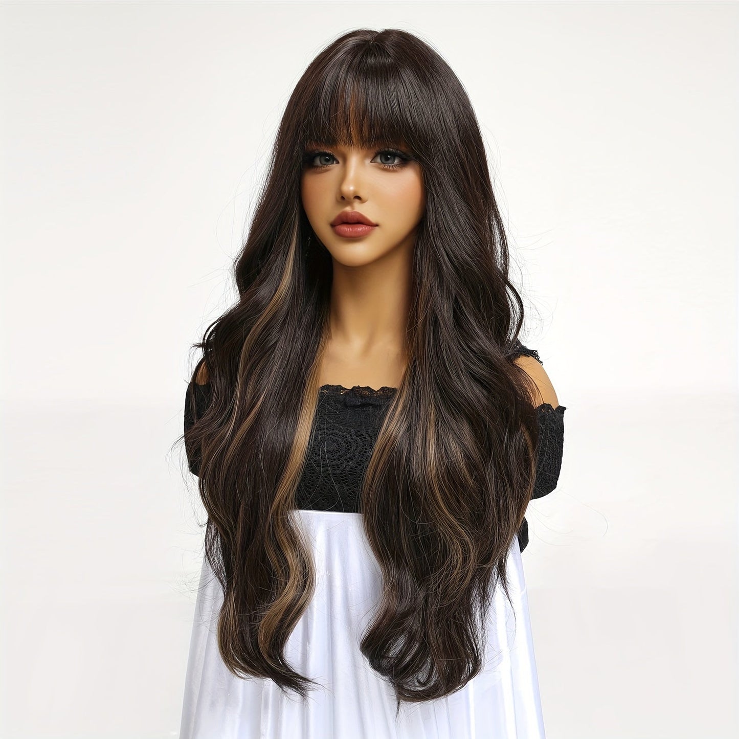 Chic 30-Inch Black to Brown Ombre Wig with Bangs - Long Curly, Heat Resistant Synthetic Hair for Women | Perfect for Daily Wear, Parties, Halloween & Cosplay