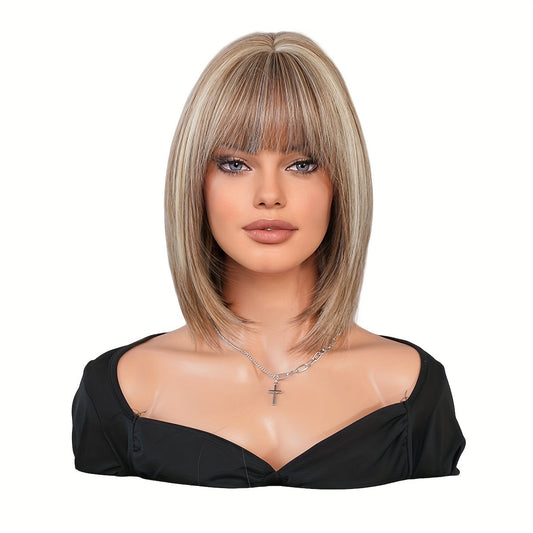 Elegant Short Bob Wig for Women - High-Density Synthetic Straight Hair with Brown & Blonde Highlights, Heat Resistant, Perfect for Daily Wear & Parties