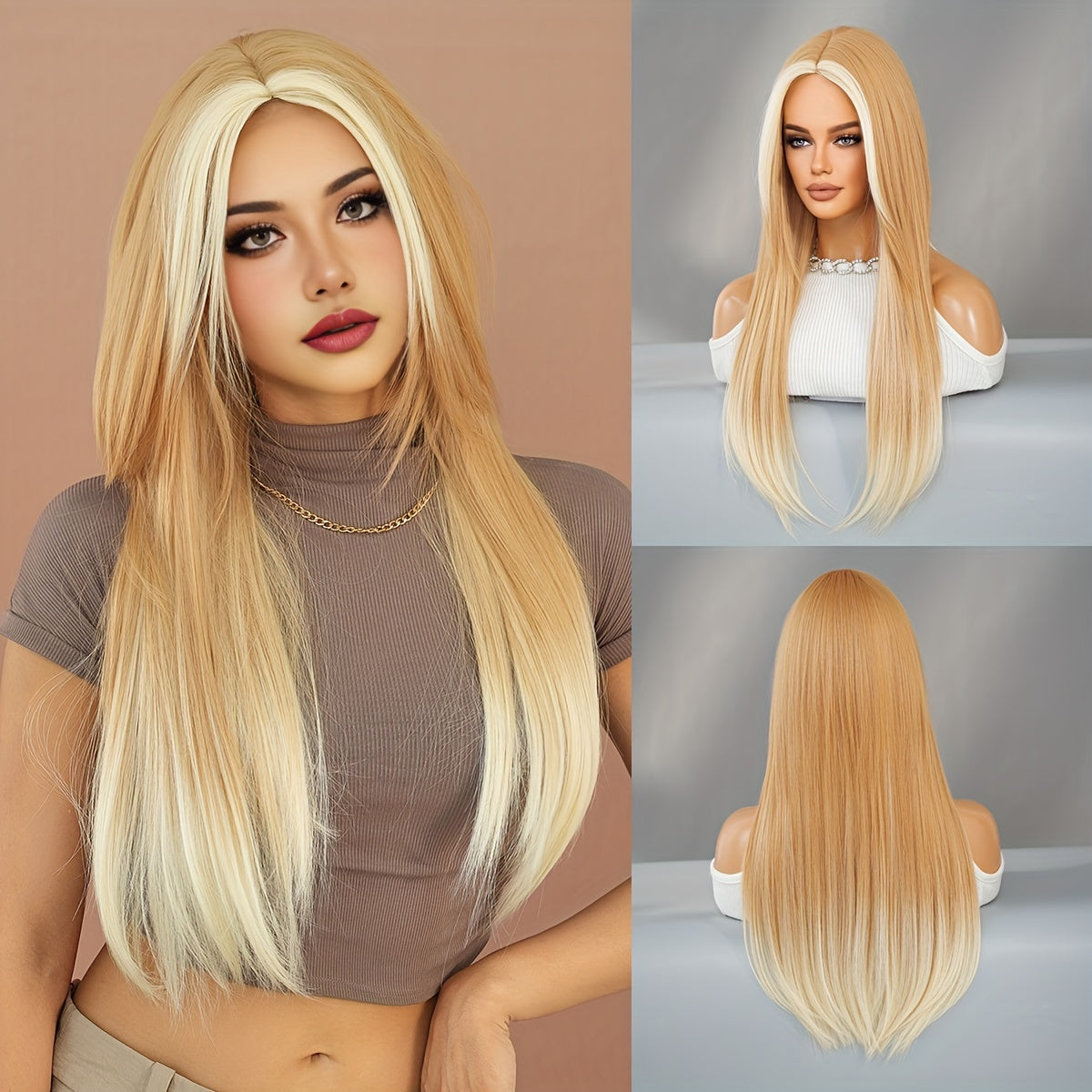 Heat Resistant Viscose Wig - Movie Theme Straight Hair, High-Density Grey to Golden Ombre with Middle Part, Durable Rose Net Cap for Halloween Cosplay & Daily Wear, 25.59inch