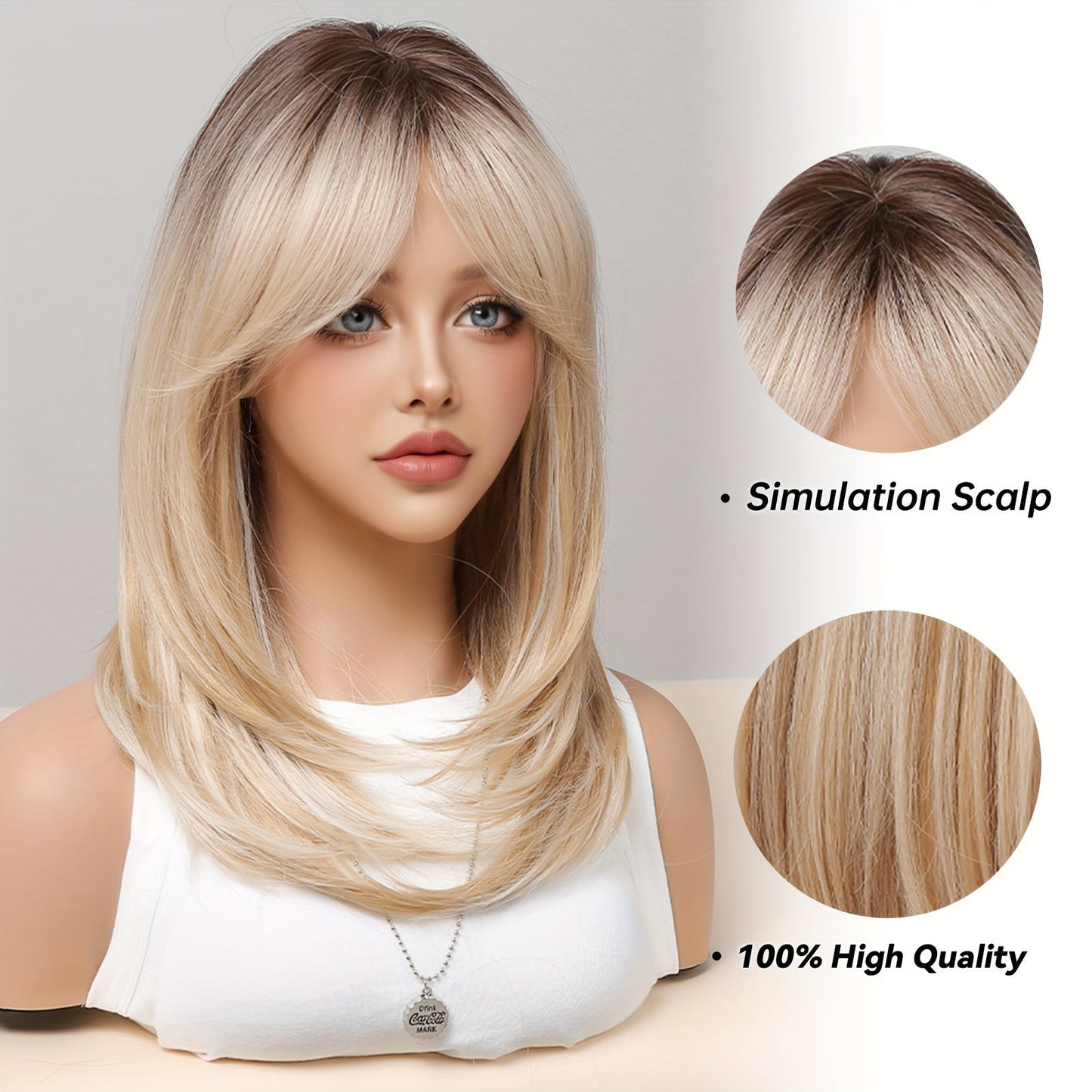 20 Inch Short Ombre Blonde Brown Straight Bob Wigs For Women Cute Bob Layered Mixed Blonde Synthetic Nature Looking Straight Hair Wigs