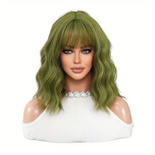 Green Wavy Shoulder-Length Synthetic Wig with Bangs - Heat Resistant, High Density for Daily Wear & Parties, 17.7"