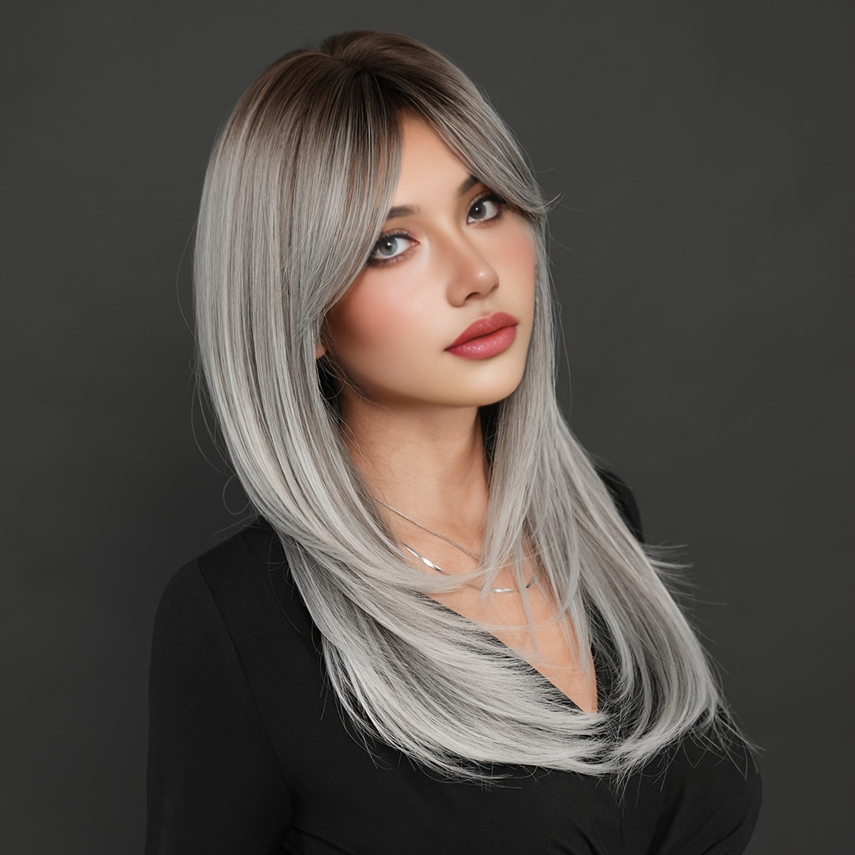 Chic Ombre Gray to White Long Straight Wig with Bangs for Women - High Density Synthetic Hair, Heat Resistant, Perfect for Daily Wear & Parties