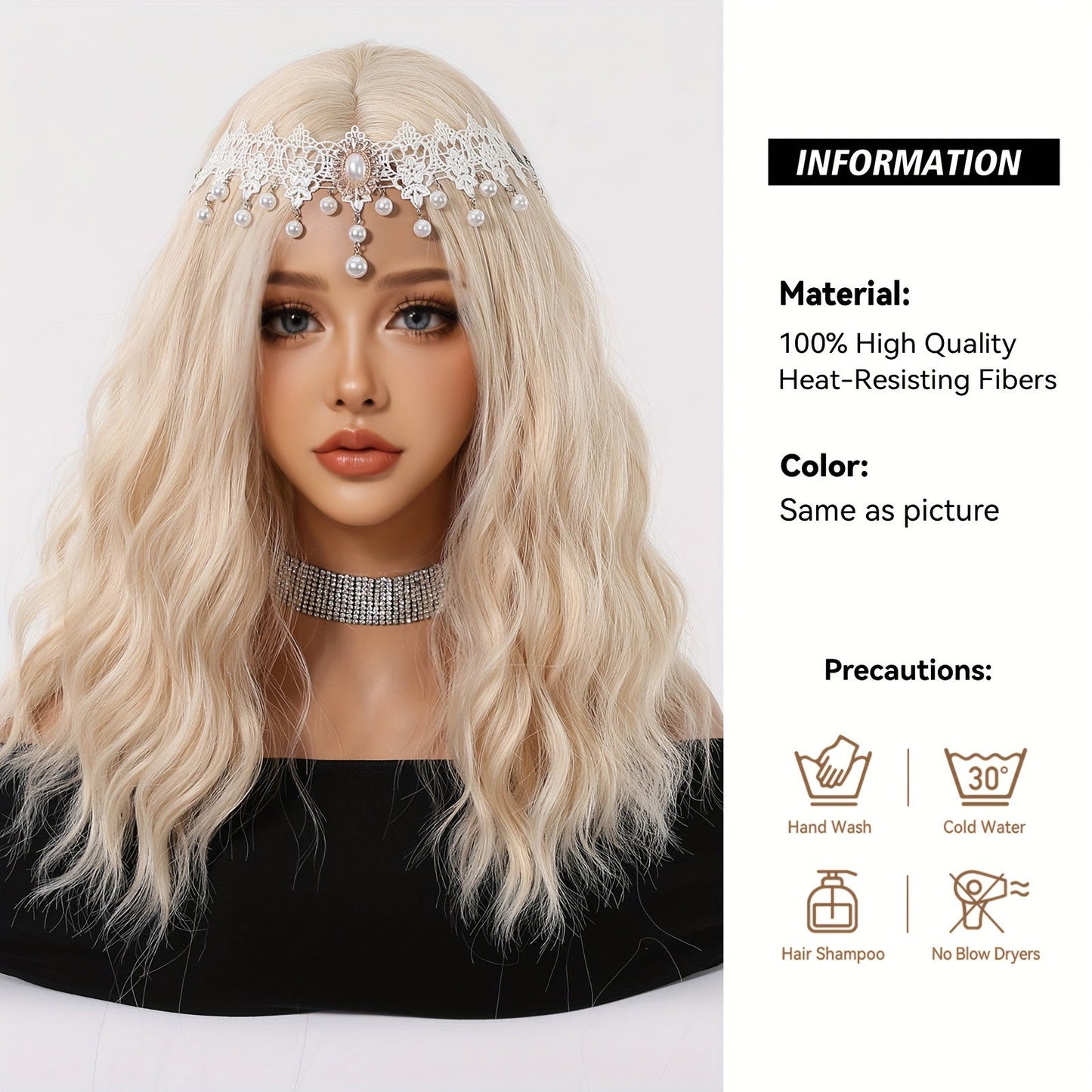 14 Inch White Golden Split Wig, Soft Synthetic Fiber, Women's Cosplay Costume, 150% Density, Curly Wave, Rose Net Cap, for Daily, Party, Halloween, Christmas, Music Festival, All Ethnicities