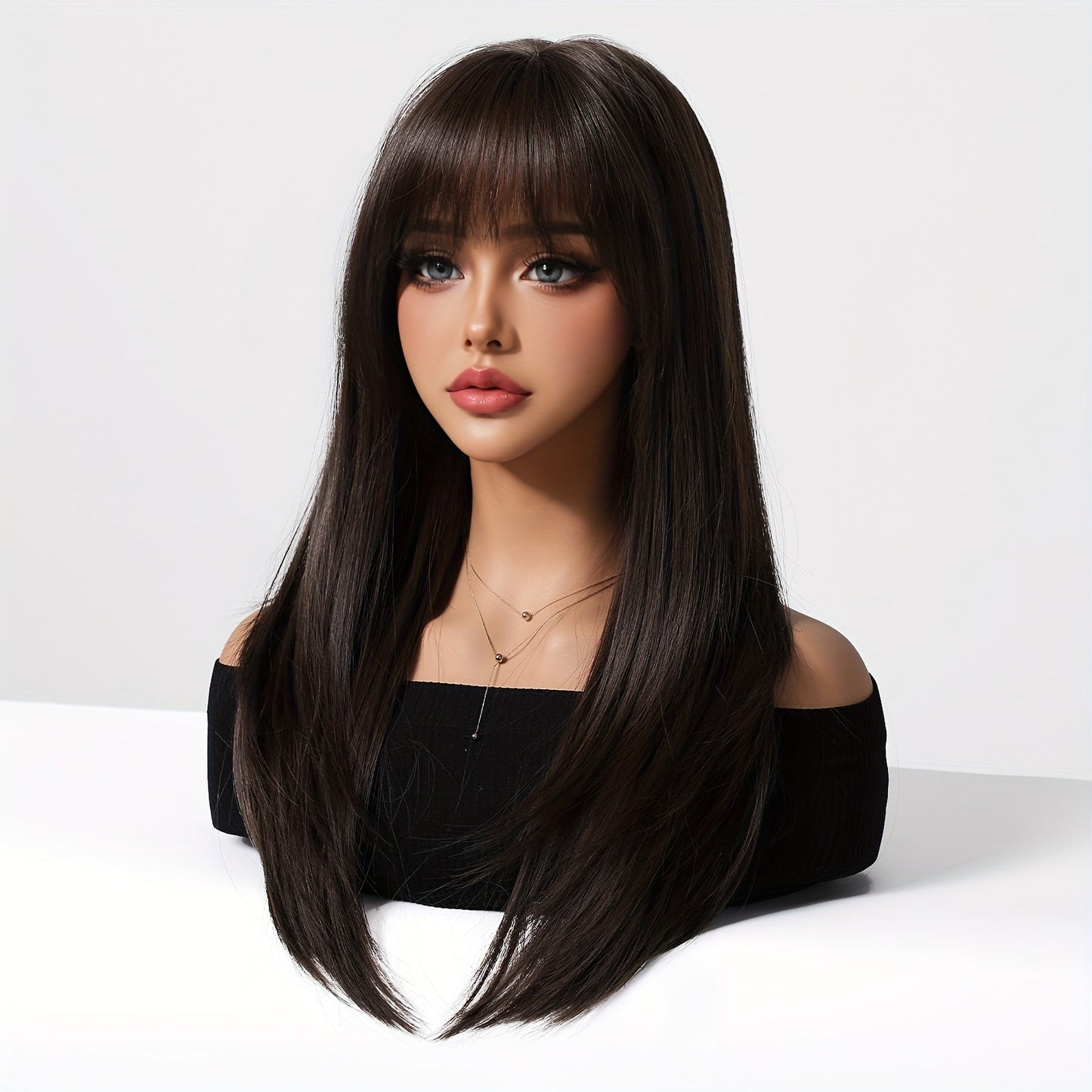 Chic 20-Inch Black & Brown Layered Wig with Bangs - Soft Synthetic, Heat Resistant for Women | Perfect for Daily Wear, Halloween, Christmas, Cosplay & More