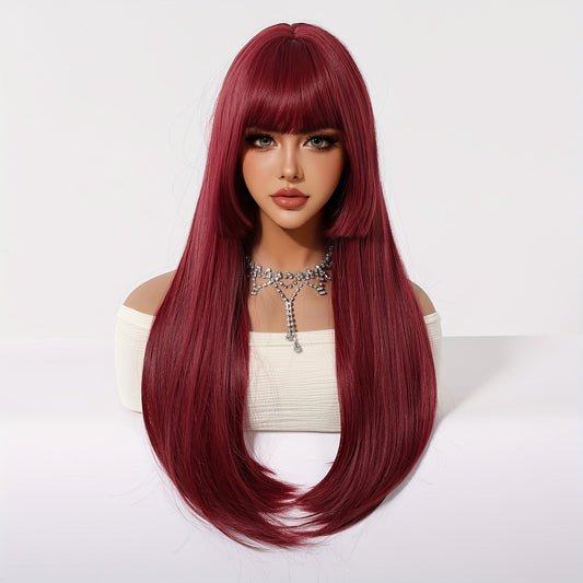 Chic 26" Burgundy Long Straight Wig with Bangs - Princess Cut, Soft Synthetic Hair for Women | Perfect for Daily Wear, Work, Parties, Halloween, Christmas & Cosplay