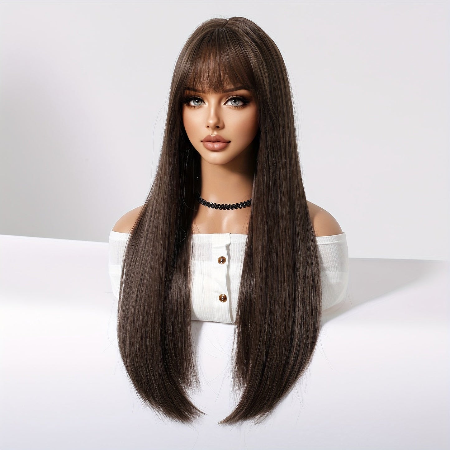 Elegant 24-Inch Brown & Black Straight Wig with Bangs for Women - High Density, Heat Resistant Synthetic Hair for Daily Wear, Parties, Cosplay