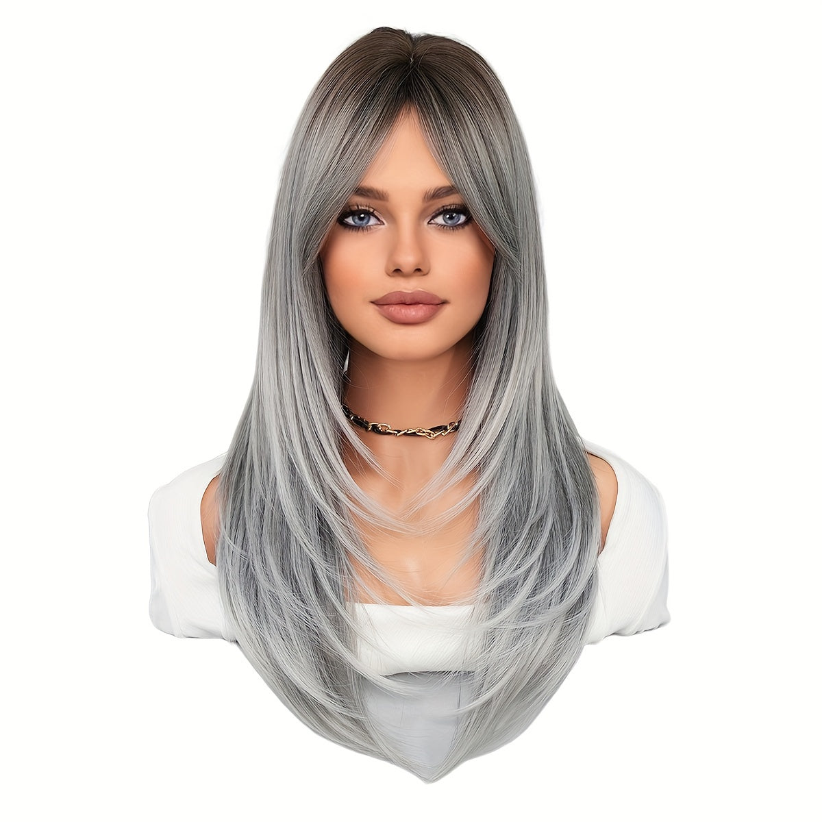 Chic Ombre Gray to White Long Straight Wig with Bangs for Women - High Density Synthetic Hair, Heat Resistant, Perfect for Daily Wear & Parties