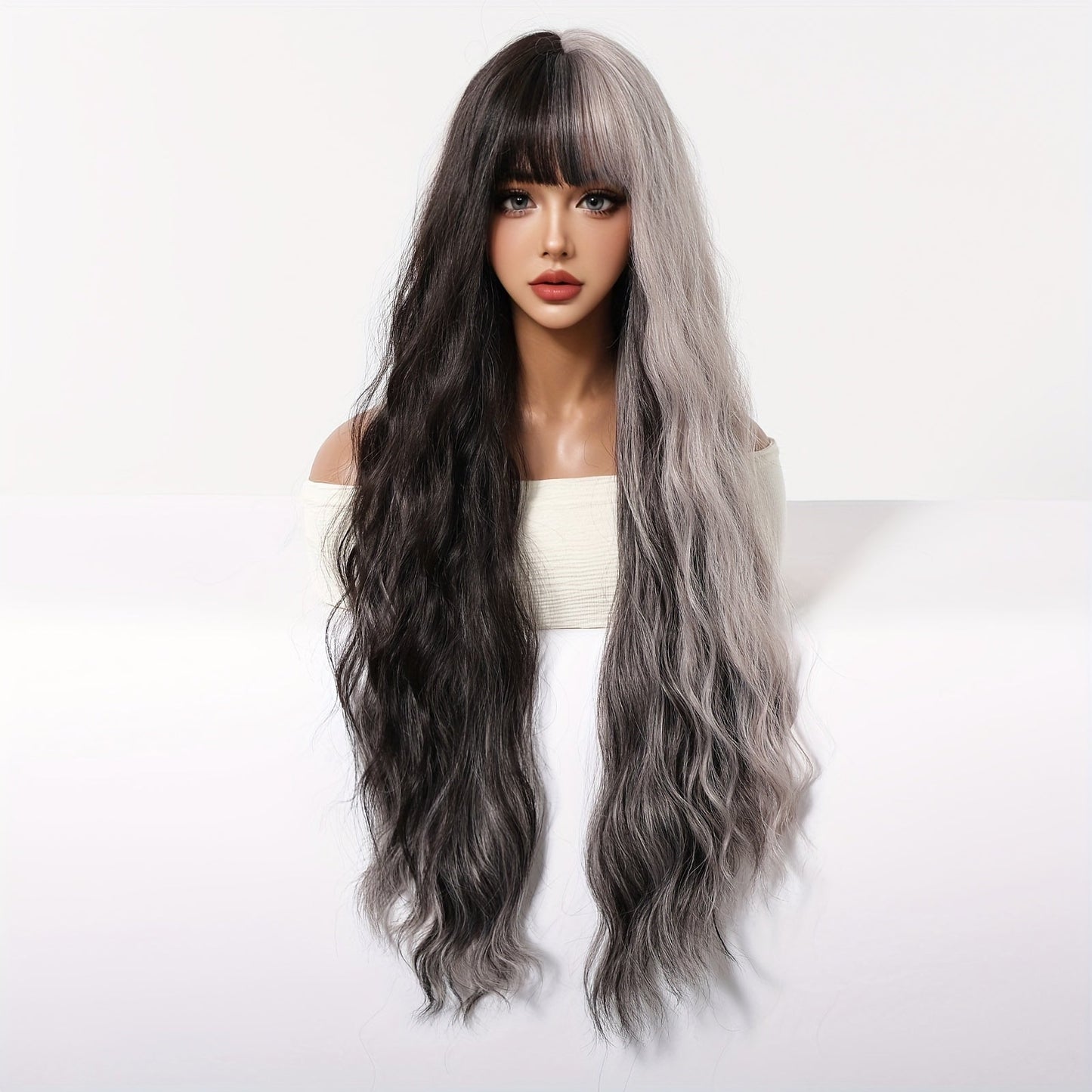 30" Long Curly Gray Ombre Wig with Bangs - Soft, Heat Resistant Synthetic Hair for Women, Perfect for Daily Wear, Parties, Halloween & Cosplay