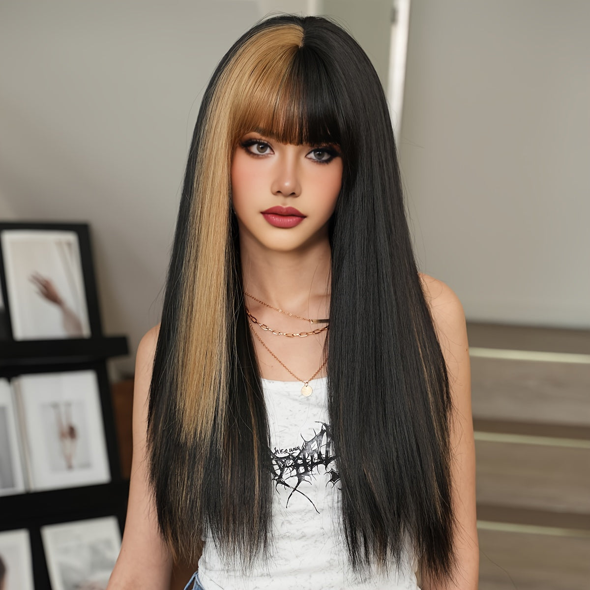 High-Density Synthetic Wig - Long Straight Black to Blonde Ombre, Heat Resistant for Halloween & Cosplay Parties