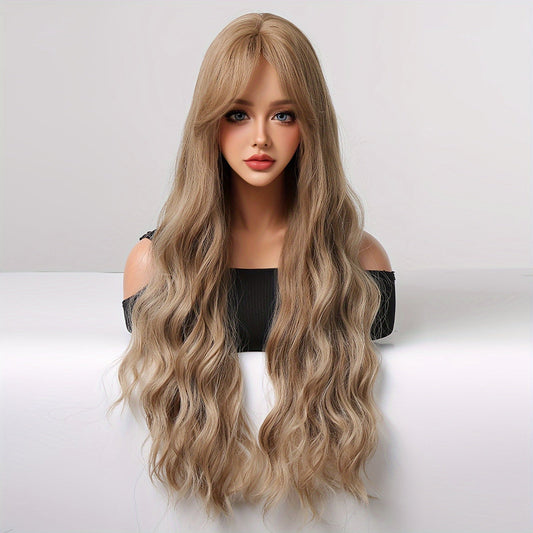 Women'S 30" Curly Wave Synthetic Wig with Bangs - High-Temperature Fiber, Basic Style, Rose Net Cap, 150% Density, Versatile for Daily, Work, Parties, Cosplay