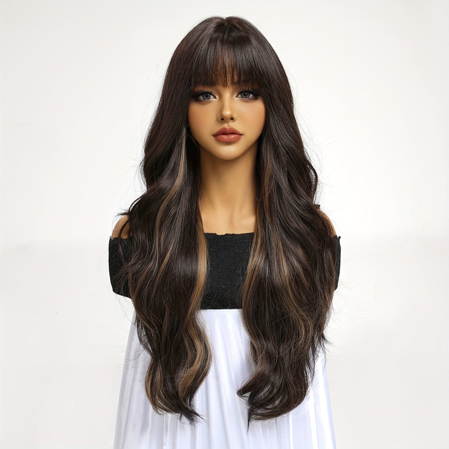 Chic 30-Inch Black to Brown Ombre Wig with Bangs - Long Curly, Heat Resistant Synthetic Hair for Women | Perfect for Daily Wear, Parties, Halloween & Cosplay