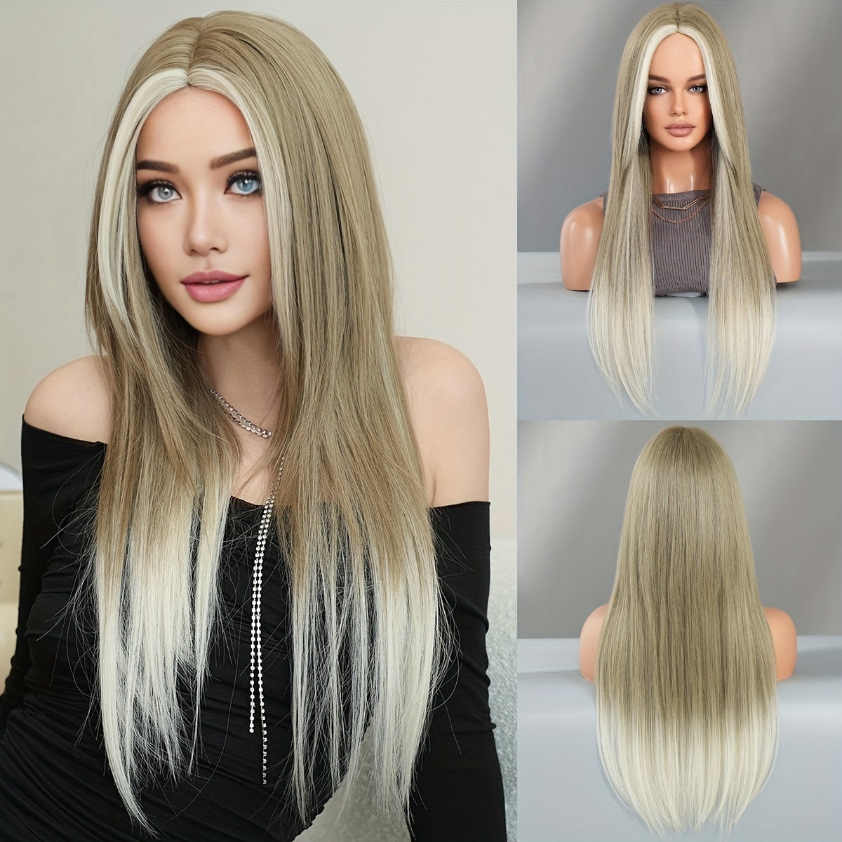 Blonde Ombre Beige Wig for Women - High Density Synthetic, Middle Part with Curtain Bangs, Heat Resistant, Perfect for Daily Wear & Halloween Costumes, 25.59"