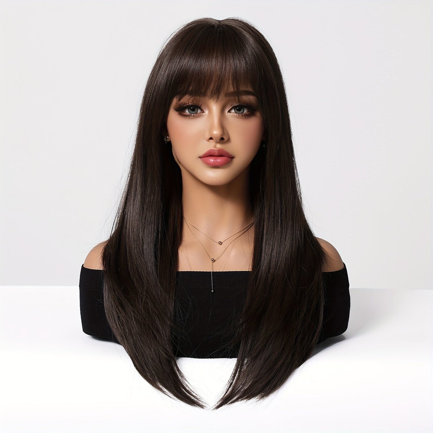 Chic 20-Inch Black & Brown Layered Wig with Bangs - Soft Synthetic, Heat Resistant for Women | Perfect for Daily Wear, Halloween, Christmas, Cosplay & More