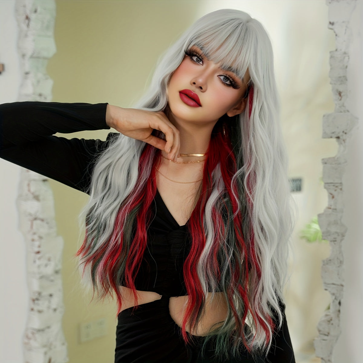 High-Density Synthetic Wig - Silvery White with Red & Green Waves, Heat Resistant for Halloween & Christmas Parties, 27.56 Inches