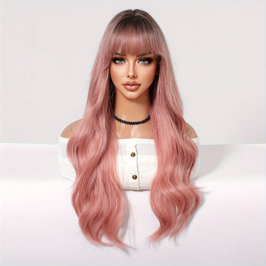 Chic 30" Gradient Pink Curly Wig with Bangs for Women - Easy-Care Synthetic Fibers, Perfect for Daily Wear & Special Occasions