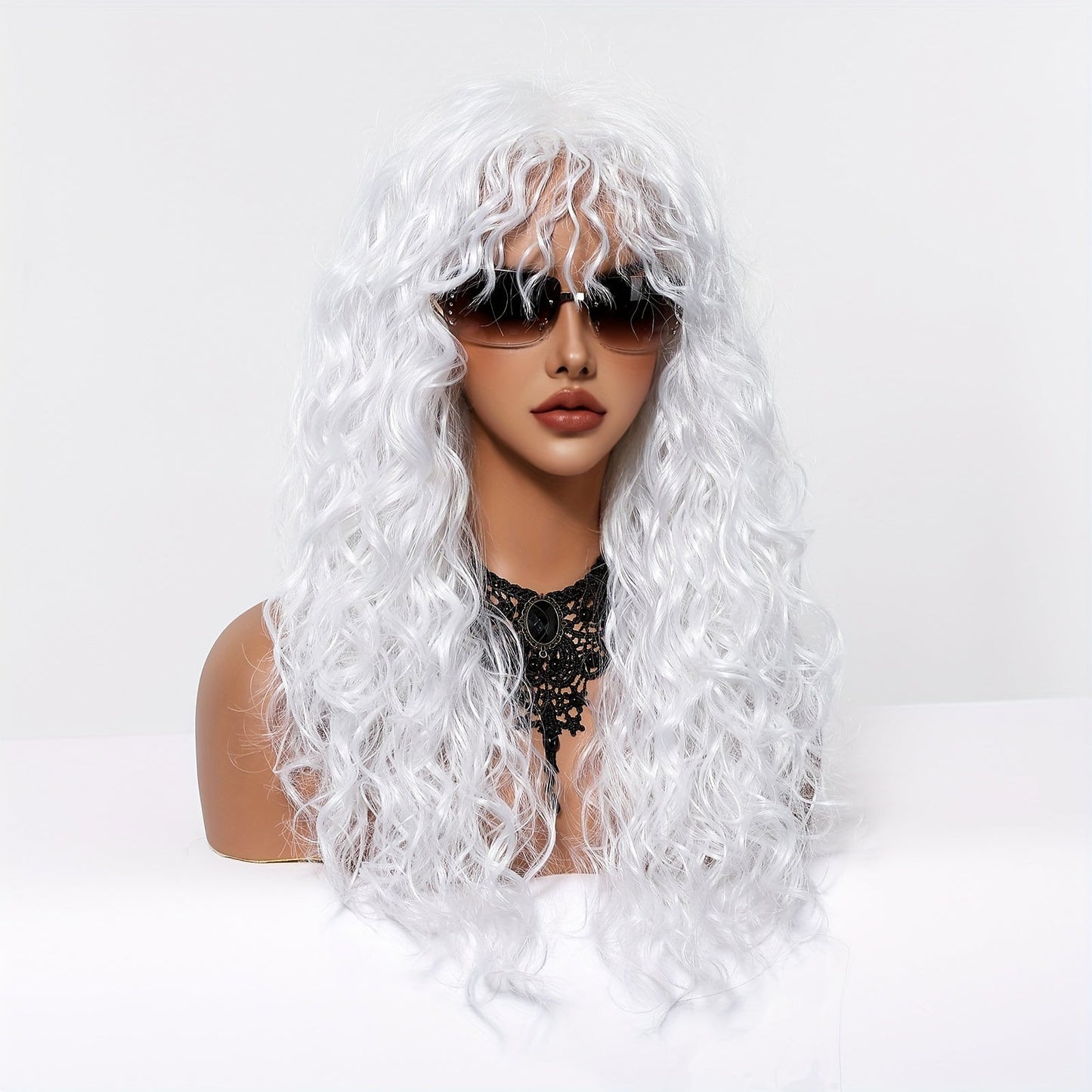 24 Inch White Curly Wave Wig with Bangs, Soft Synthetic Fiber, Women'S Fashion Wig for Daily Wear, Gatherings, Halloween, Christmas, Music Festivals, Cosplay - Heat-Resistant, Hand Wash, No Cold Water, No Dryers, Rose Cap, 150% Density, All Ethnicities