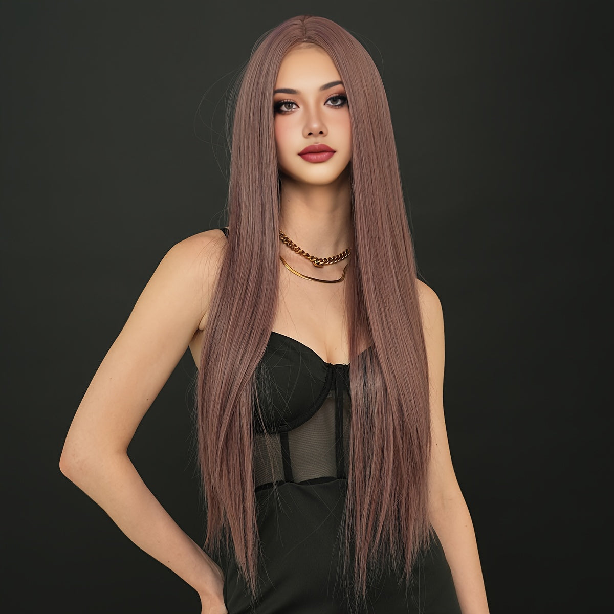 Women's Mocha Brown Synthetic Wig - High Temperature Fiber, Party-Style Straight Hair, Rose Net Cap, High Density 150%, Long 31.5inch, Heat Resistant, Versatile Fit