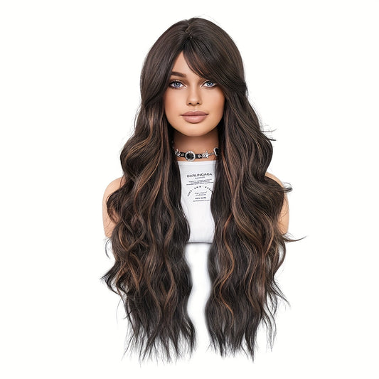 Elegant Body Wave Synthetic Wig for Women, Side Part with Bangs, Black with Copper Highlights, High-Density 150%, Heat Resistant Fiber, Rose Net Cap, Universal Fit, 27.56inch