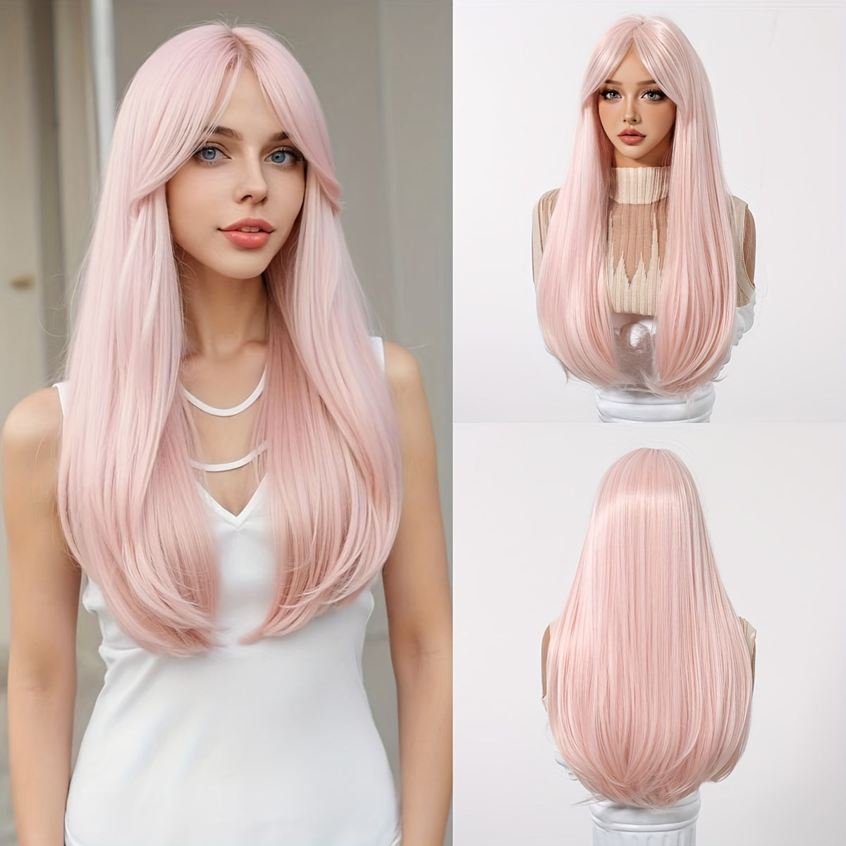 Chic 24" Light Pink Layered Wig with Bangs - Soft, Heat-Resistant Synthetic Hair for Women | Perfect for Daily Wear, Work, Parties, Halloween & More