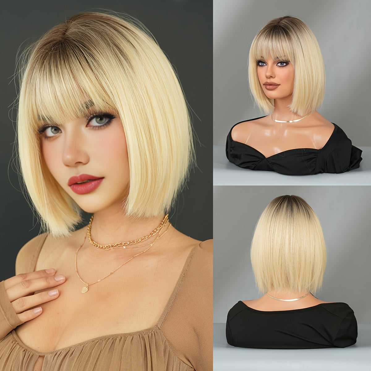 Elegant Champagne Blonde Highlight Short Straight Wig with Bangs - Heat Resistant Synthetic Hair for Women, Perfect for Daily Wear & Halloween Parties