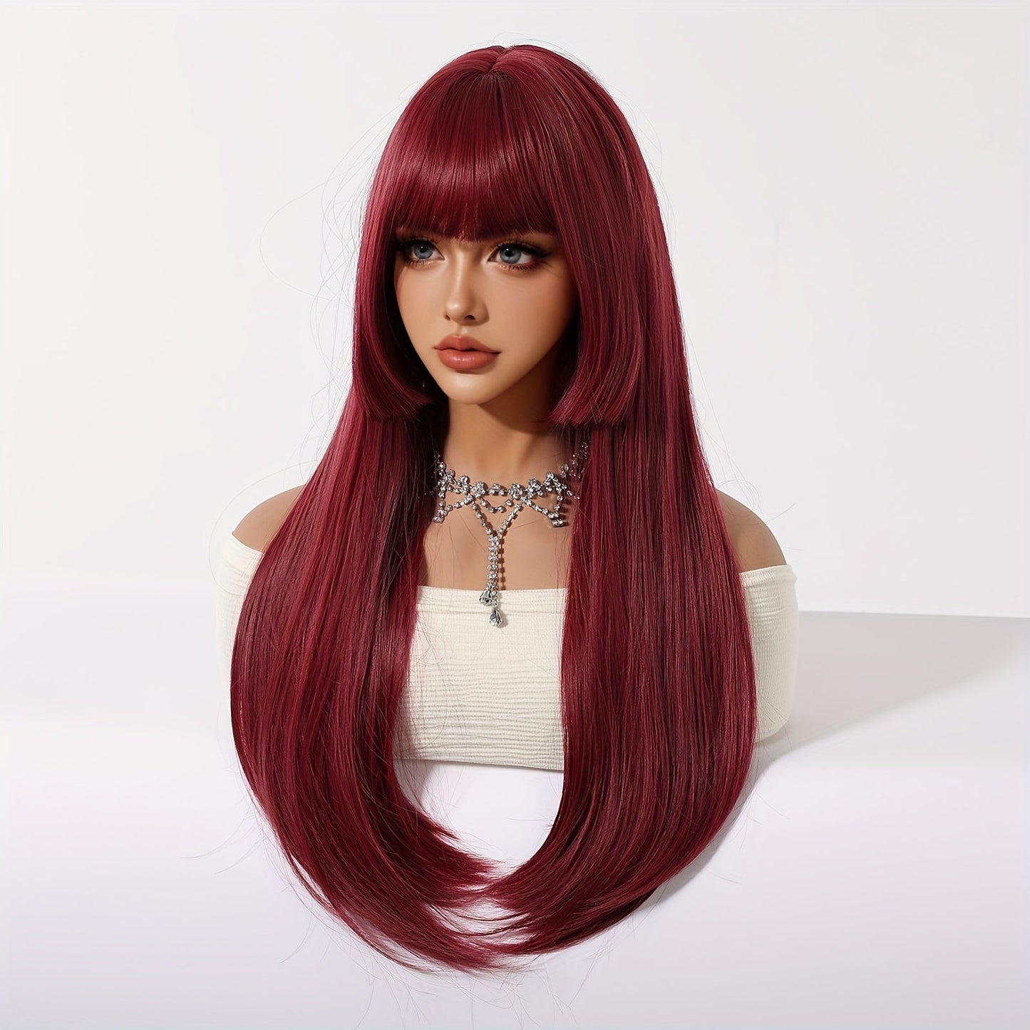 Chic 26" Burgundy Long Straight Wig with Bangs - Princess Cut, Soft Synthetic Hair for Women | Perfect for Daily Wear, Work, Parties, Halloween, Christmas & Cosplay