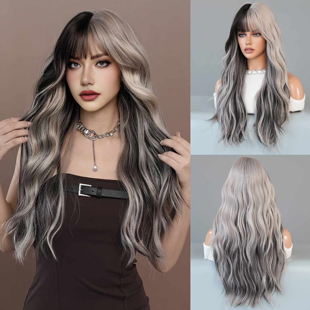 Silvery Gray Ombre Wig with Bangs - High-Density, Heat Resistant, Soft and Breathable Synthetic Hair for Women - Perfect for Halloween, Cosplay, Daily Wear, and Special Occasions