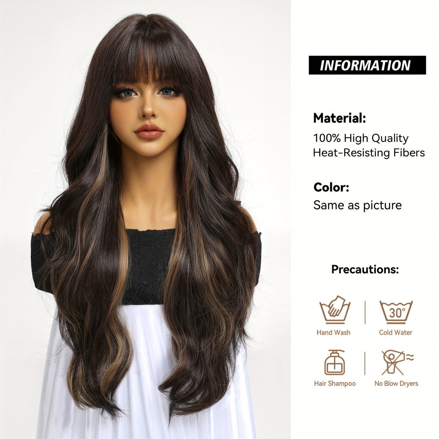 Chic 30-Inch Black to Brown Ombre Wig with Bangs - Long Curly, Heat Resistant Synthetic Hair for Women | Perfect for Daily Wear, Parties, Halloween & Cosplay