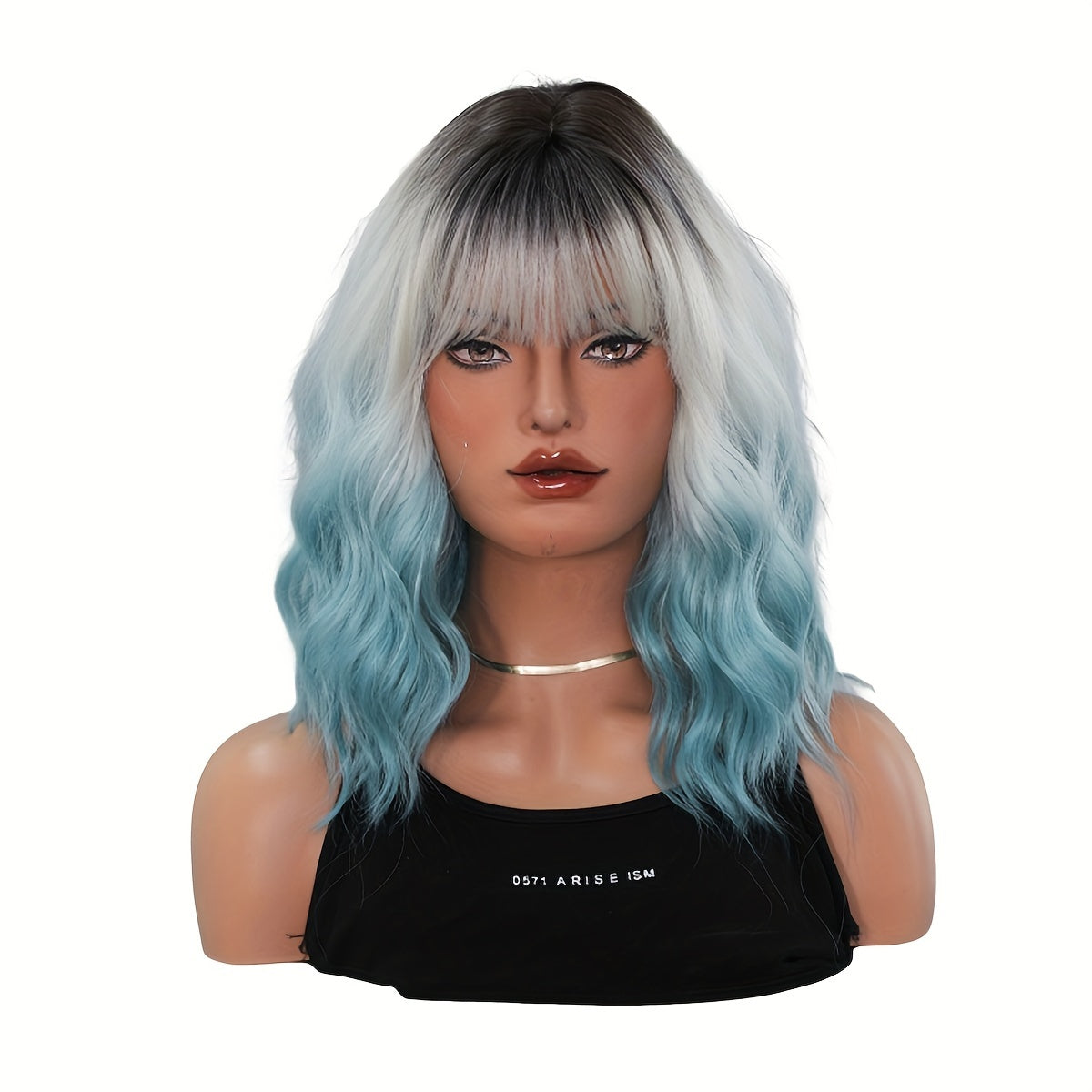 Vibrant Ombre Blue & White Shoulder-Length Wavy Wig with Bangs - High-Density Heat Resistant Synthetic Hair, Natural Looking Dark Roots, Perfect for Daily Wear, Halloween Parties, and Cosplay Events