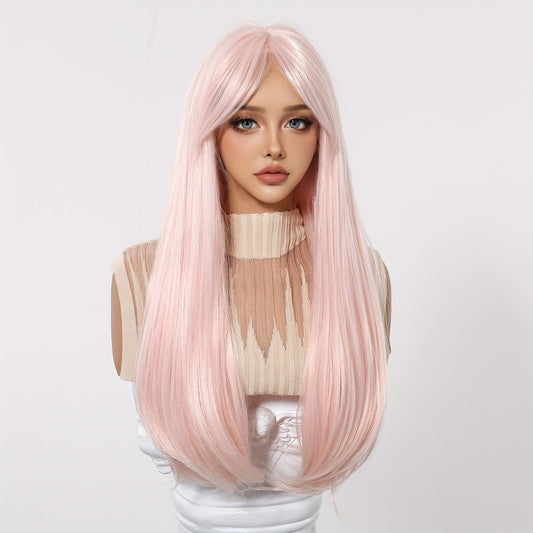 Chic 24" Light Pink Layered Wig with Bangs - Soft, Heat-Resistant Synthetic Hair for Women | Perfect for Daily Wear, Work, Parties, Halloween & More