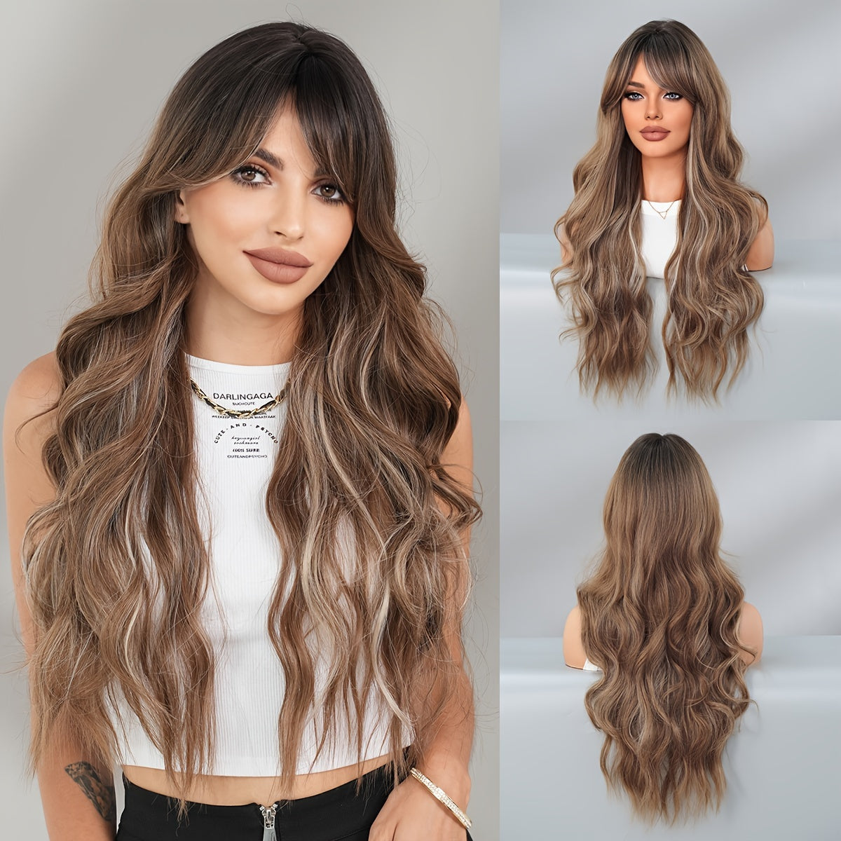 Elegant Body Wave Synthetic Wig for Women, Heat Resistant High Density 150% with Bangs, Long Loose Side Part, Beige Highlighted, Rose Net Cap, 27.55Inches