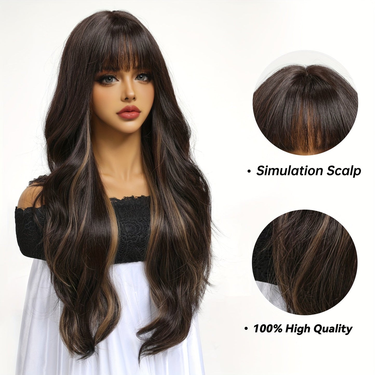 Chic 30-Inch Black to Brown Ombre Wig with Bangs - Long Curly, Heat Resistant Synthetic Hair for Women | Perfect for Daily Wear, Parties, Halloween & Cosplay