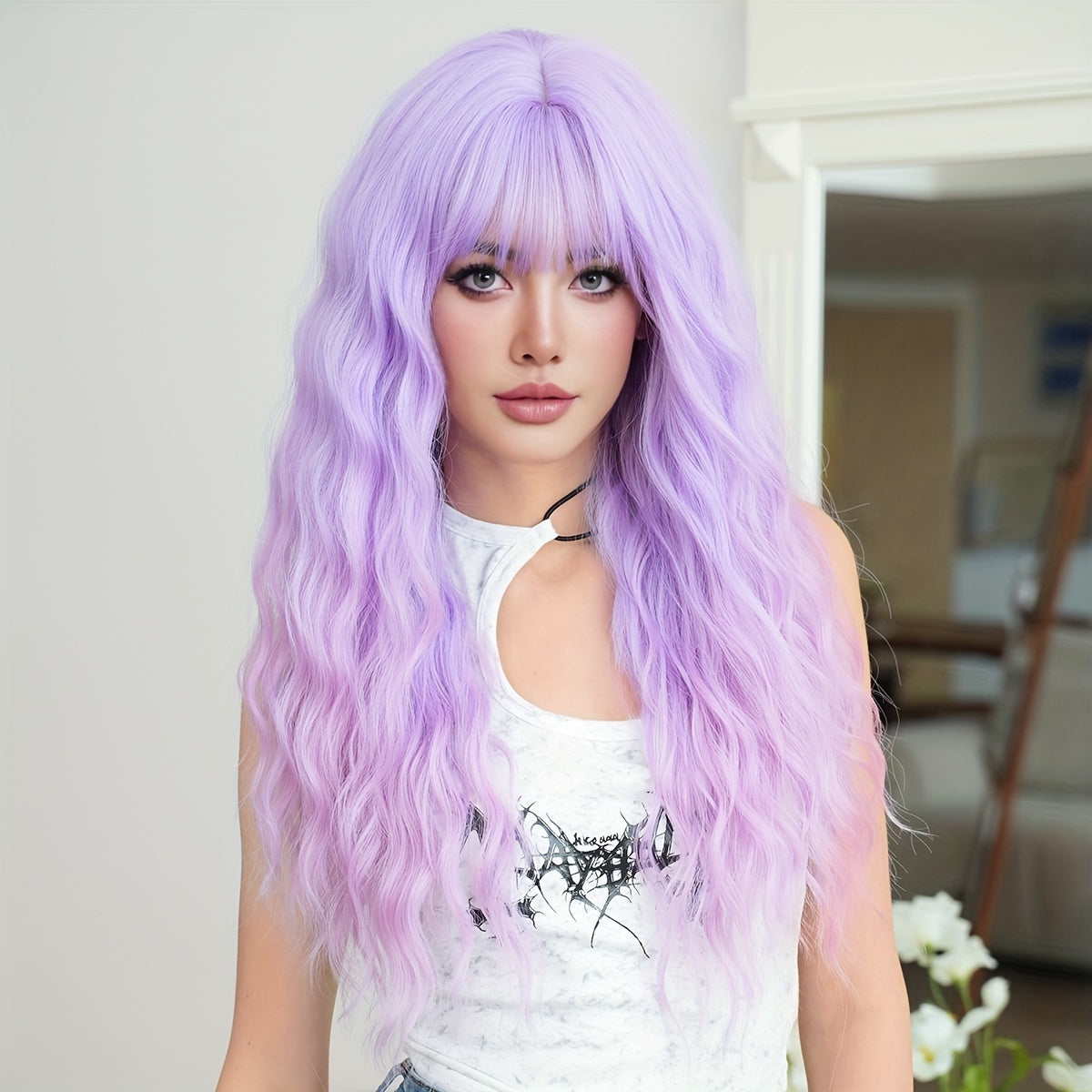 Anime Cosplay Wig for Women - 28.74inch Long Wavy Light Purple Wig, Synthetic Viscose Hair with Bangs, High-Density Party Costume, Heat Resistant, Rose Net Cap