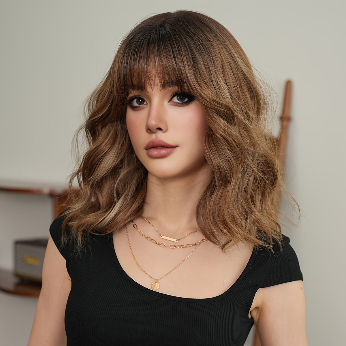 Elegant Body Wave Wig for Women - High Temperature Fiber Synthetic Gradient Golden Brown, High Density 150% with Rose Net Cap, Versatile Daily Wear, Heat Resistant 16.14inch