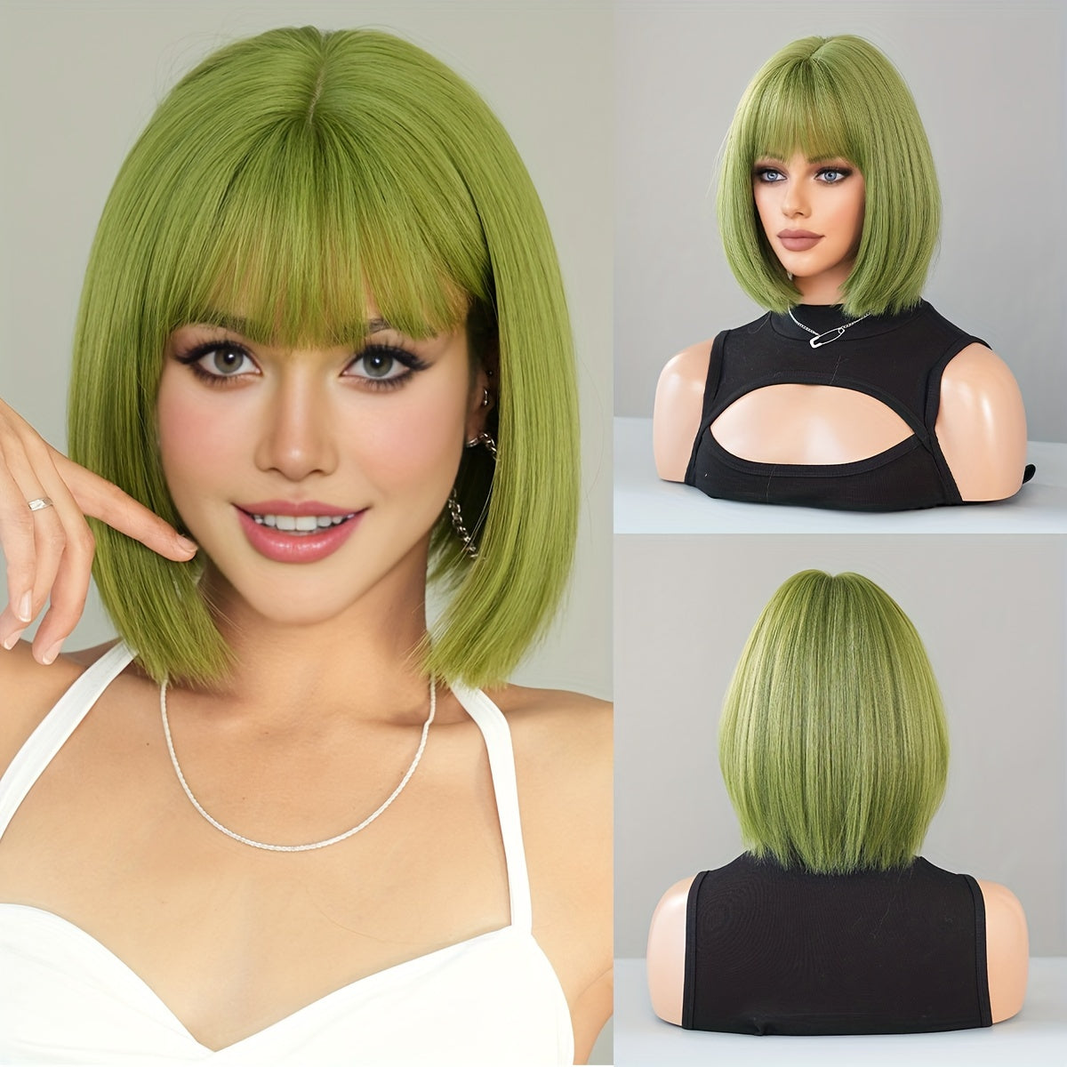 Elegant Champagne Blonde Highlight Short Straight Wig with Bangs - Heat Resistant Synthetic Hair for Women, Perfect for Daily Wear & Halloween Parties