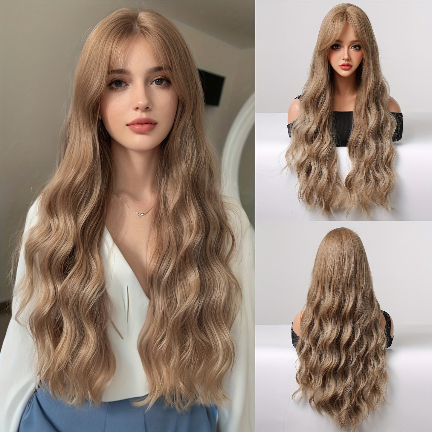 Women'S 30" Curly Wave Synthetic Wig with Bangs - High-Temperature Fiber, Basic Style, Rose Net Cap, 150% Density, Versatile for Daily, Work, Parties, Cosplay