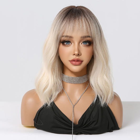 Chic 16" Ombre White Golden Bob Wig with Bangs - Soft, Heat-Resistant Synthetic Hair for Women | Perfect for Daily Wear, Work, Parties & Special Occasions