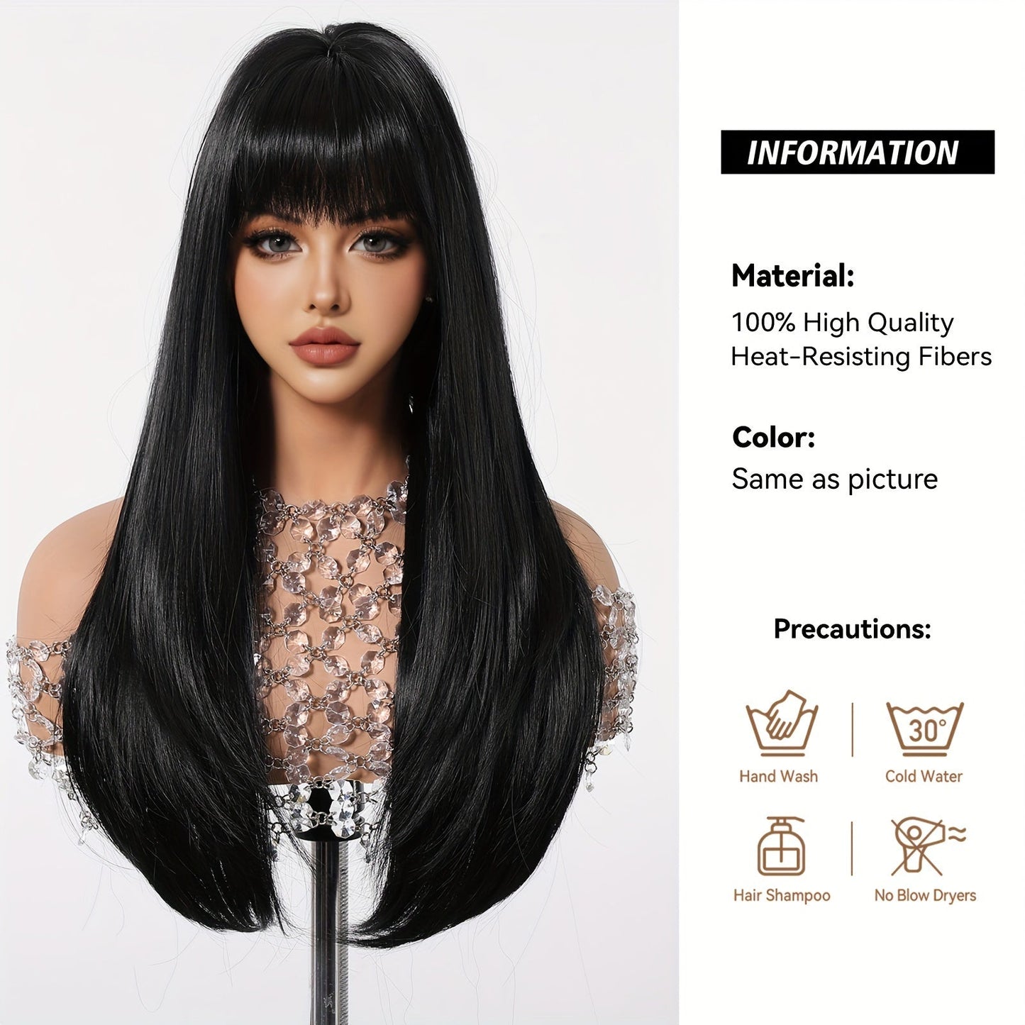 Women's 28 Inch Long Straight Hair Wig with Bangs, Synthetic High Temperature Fiber, Rose Net Cap, 150% Density, Basic Style, Suitable for All - Perfect for Daily Wear, Parties, Halloween, Christmas, Music Festivals