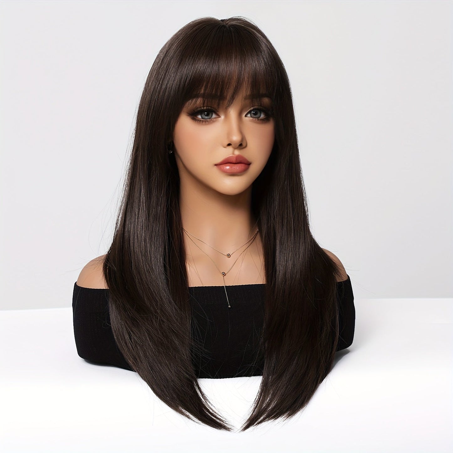 Chic 20-Inch Black & Brown Layered Wig with Bangs - Soft Synthetic, Heat Resistant for Women | Perfect for Daily Wear, Halloween, Christmas, Cosplay & More