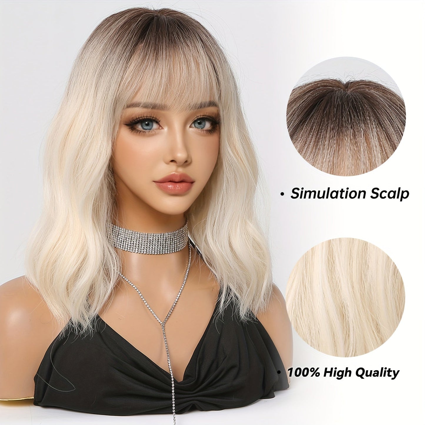 Chic 16" Ombre White Golden Bob Wig with Bangs - Soft, Heat-Resistant Synthetic Hair for Women | Perfect for Daily Wear, Work, Parties & Special Occasions