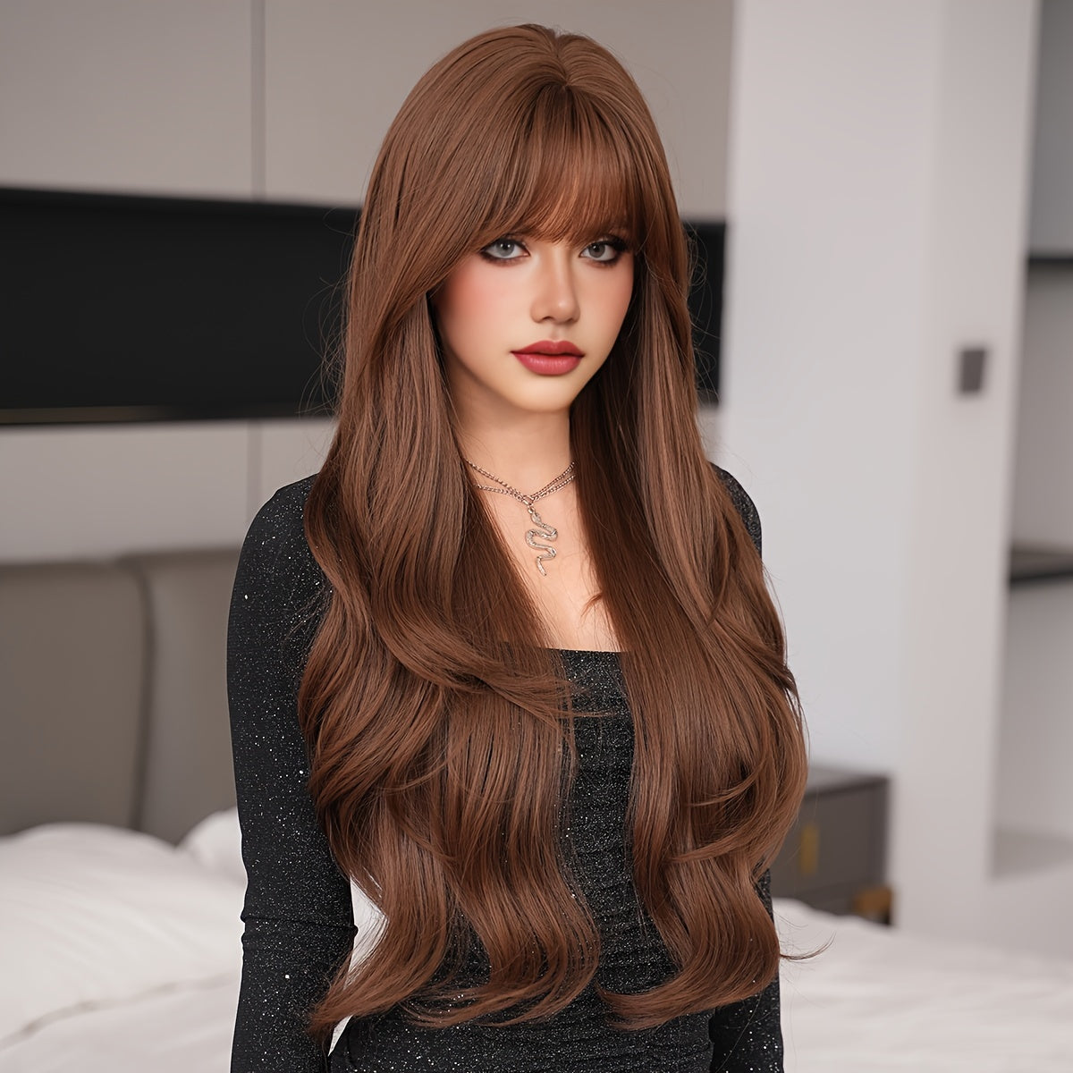 Luxurious Mocha Brown Body Wave Wig for Women - High-Density, Heat Resistant Synthetic Hair with Bangs, Natural Looking, Soft to Touch, Perfect for Daily Wear, Cosplay, and Special Occasions