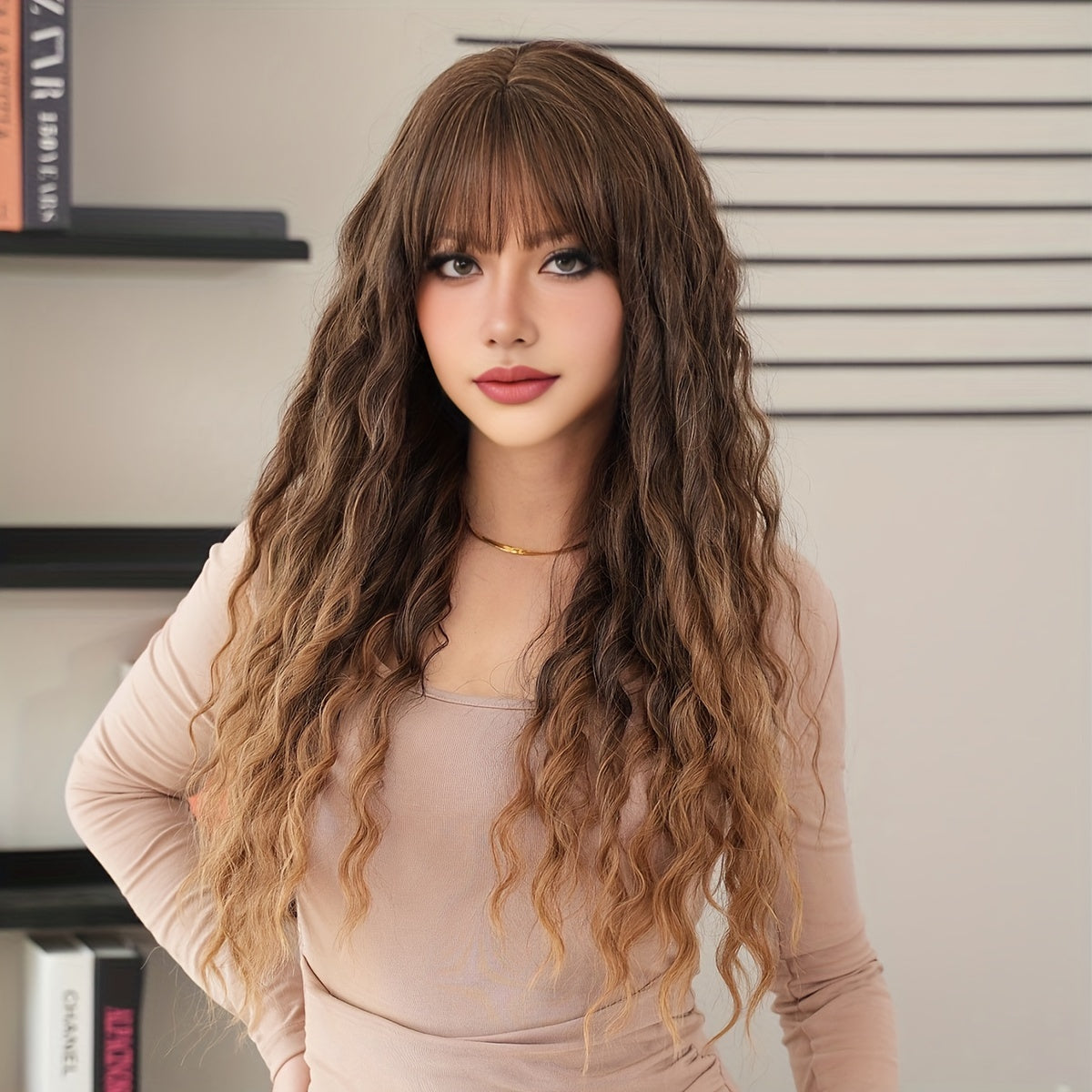 Elegant Ombre Brown to Blonde Long Water Wave Wig with Bangs for Women - High Density, Heat Resistant Synthetic Hair, Perfect for Daily Wear & Parties