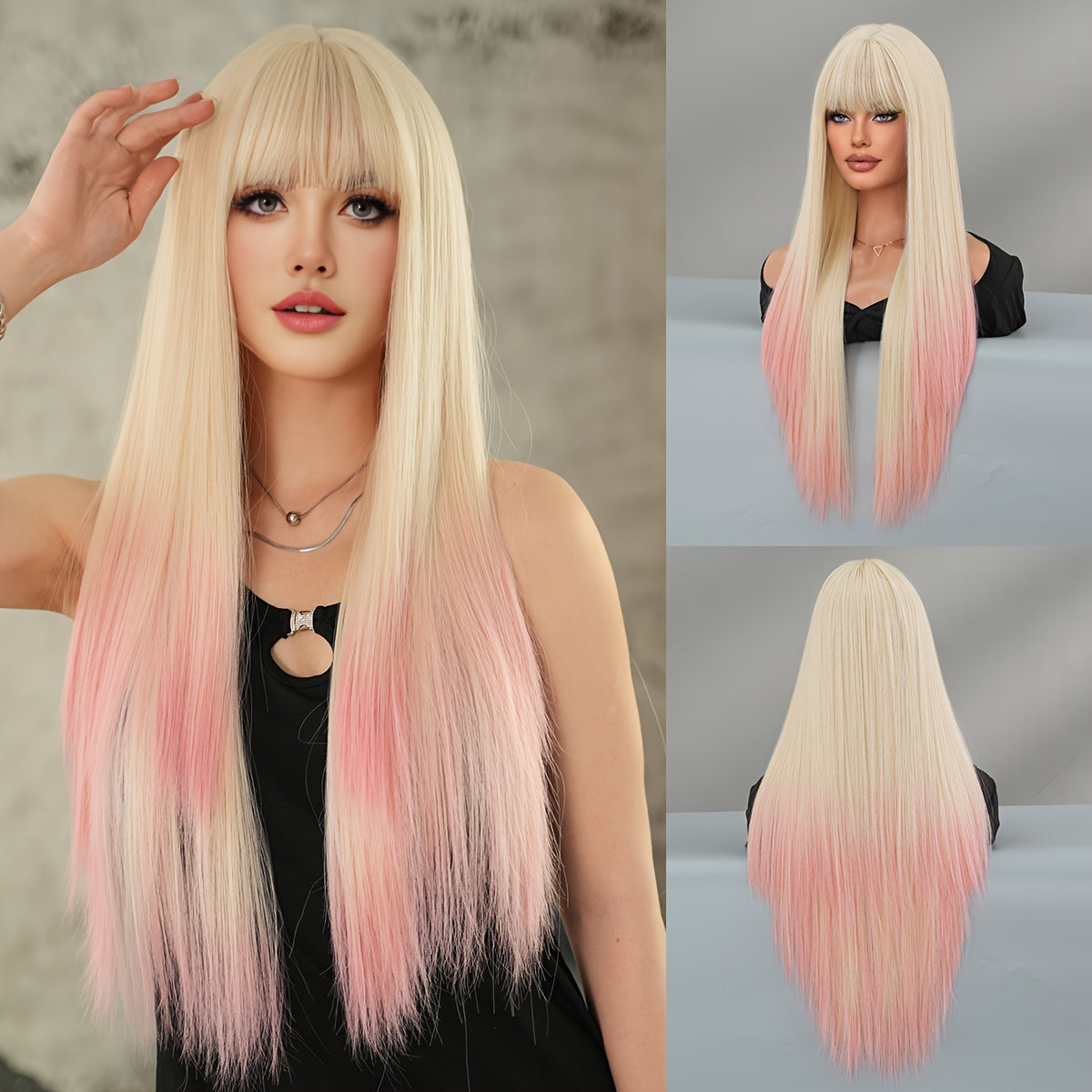 High-Density Synthetic Wig - Long Straight Beige Ombre Pink with Bangs for Women, Heat Resistant, Perfect for Halloween & Cosplay Parties