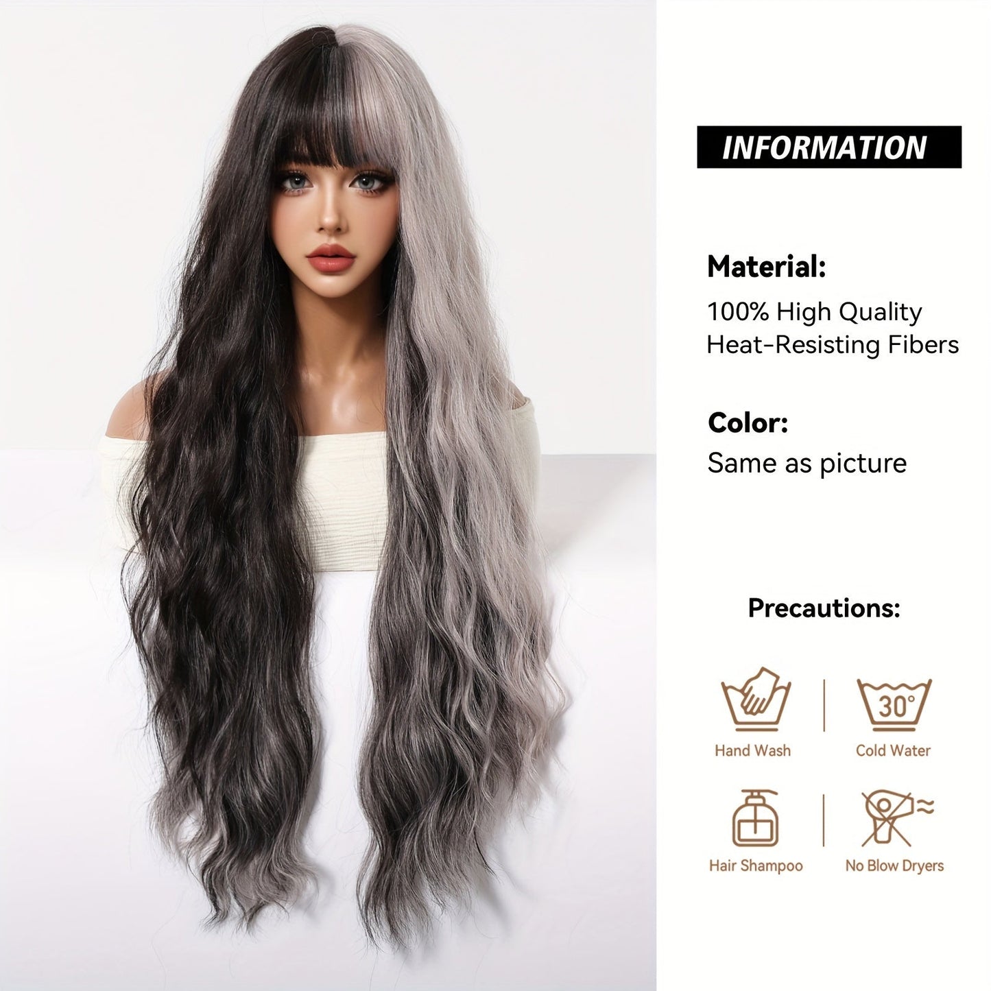 30" Long Curly Gray Ombre Wig with Bangs - Soft, Heat Resistant Synthetic Hair for Women, Perfect for Daily Wear, Parties, Halloween & Cosplay