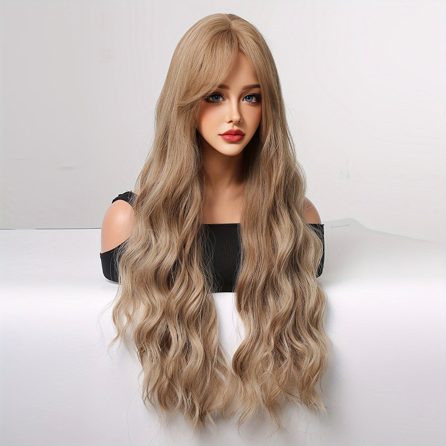 Women'S 30" Curly Wave Synthetic Wig with Bangs - High-Temperature Fiber, Basic Style, Rose Net Cap, 150% Density, Versatile for Daily, Work, Parties, Cosplay