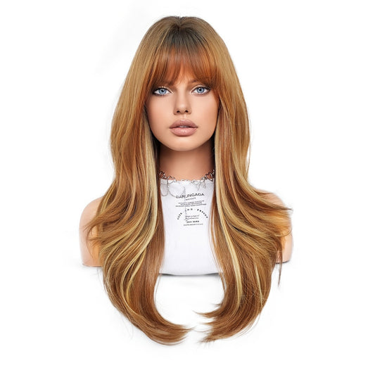 Women'S Long Straight Brown Highlight Blonde Wig with Bangs, High Density 150% Synthetic Fiber, Heat Resistant, Rose Net Cap, Layered Dress Up Wig with Dark Roots, 23.62 Inches