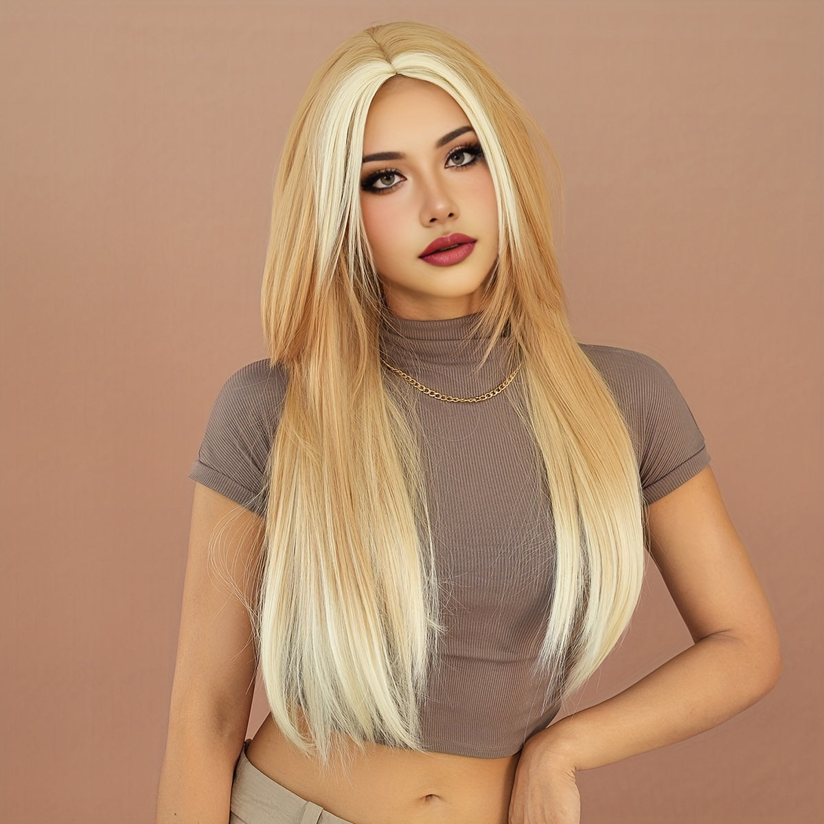 Blonde Ombre Beige Wig for Women - High Density Synthetic, Middle Part with Curtain Bangs, Heat Resistant, Perfect for Daily Wear & Halloween Costumes, 25.59"